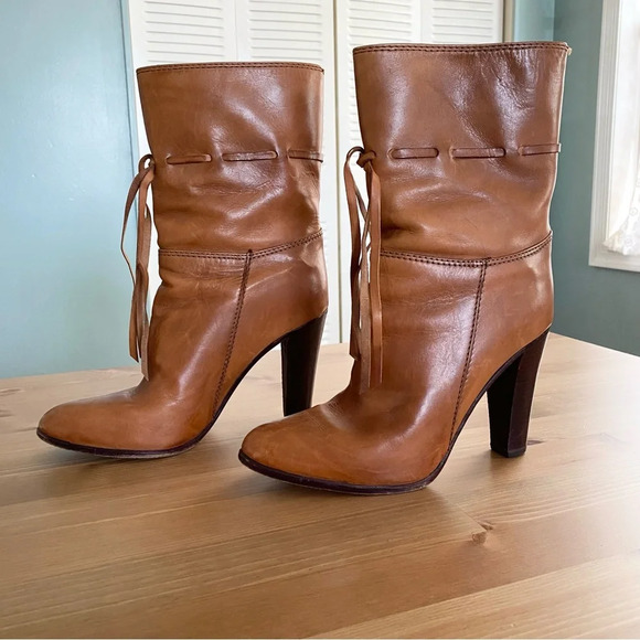 Hana Mackler Cognac 100% Genuine Leather Ankle Boots 8 AA Narrow VTG 80s 4” Heel - Picture 1 of 13